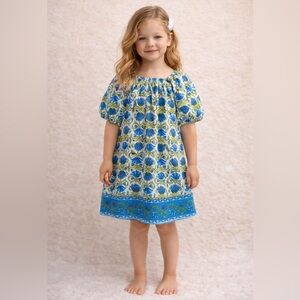 Pink Chicken Boho Cottagecore Girls Blue Floral Puff Sleeve Cotton Dress Size 5
